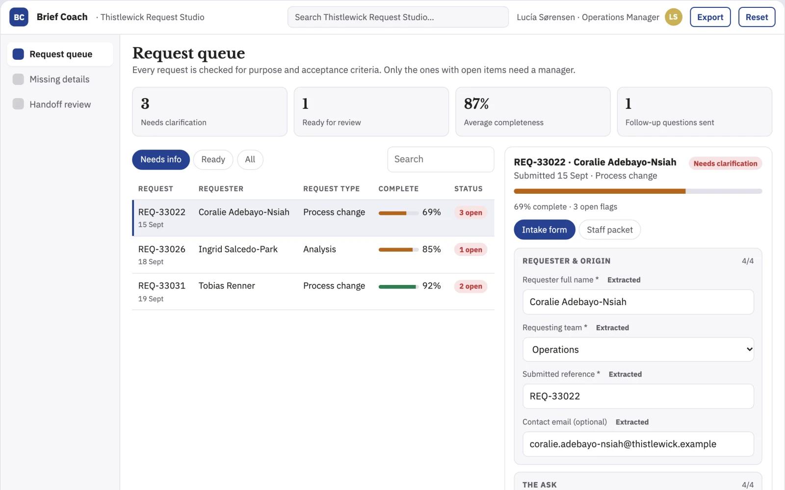 Screenshot of the Management request quality coach interactive demo