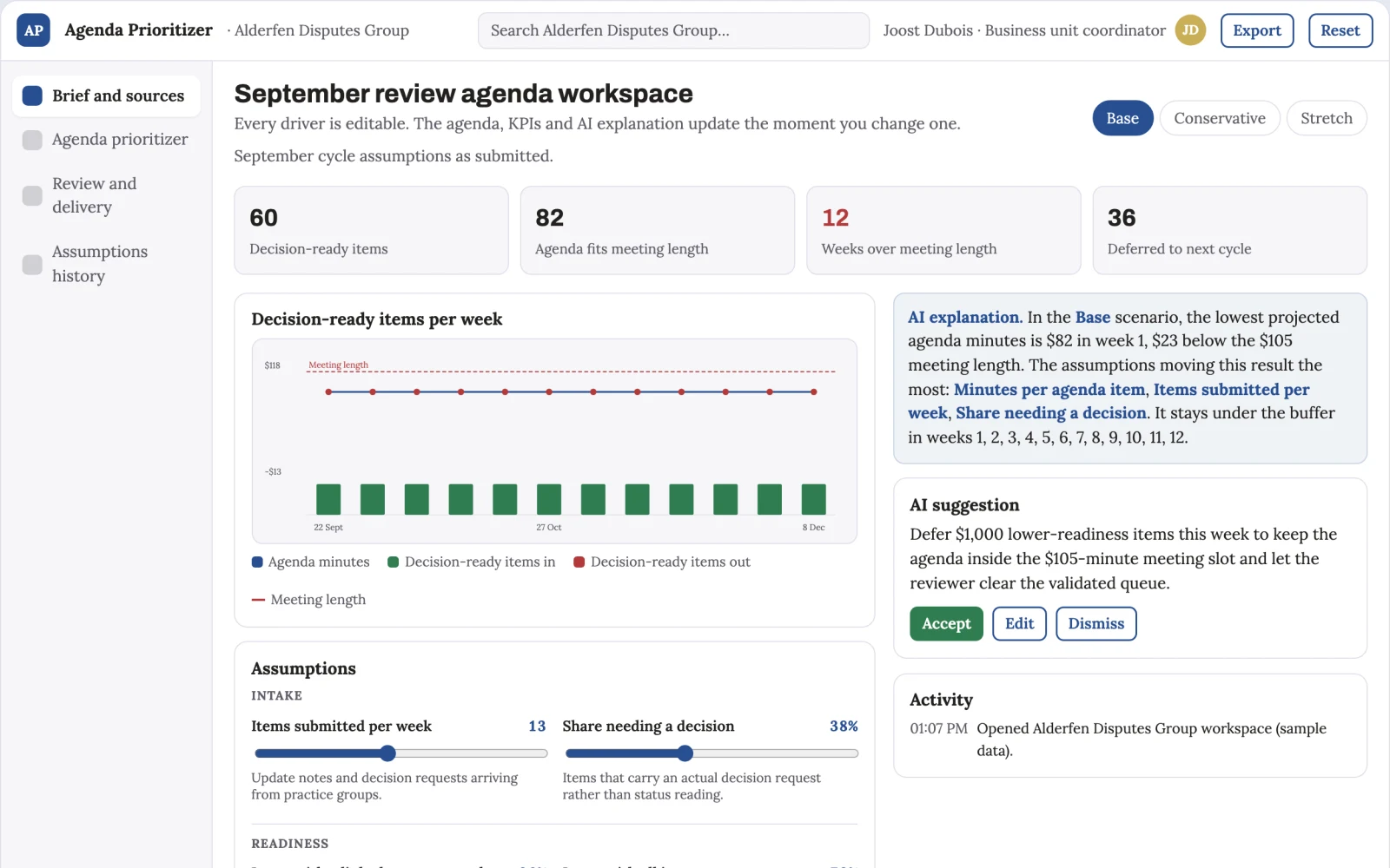 Screenshot of the Management review agenda prioritizer interactive demo