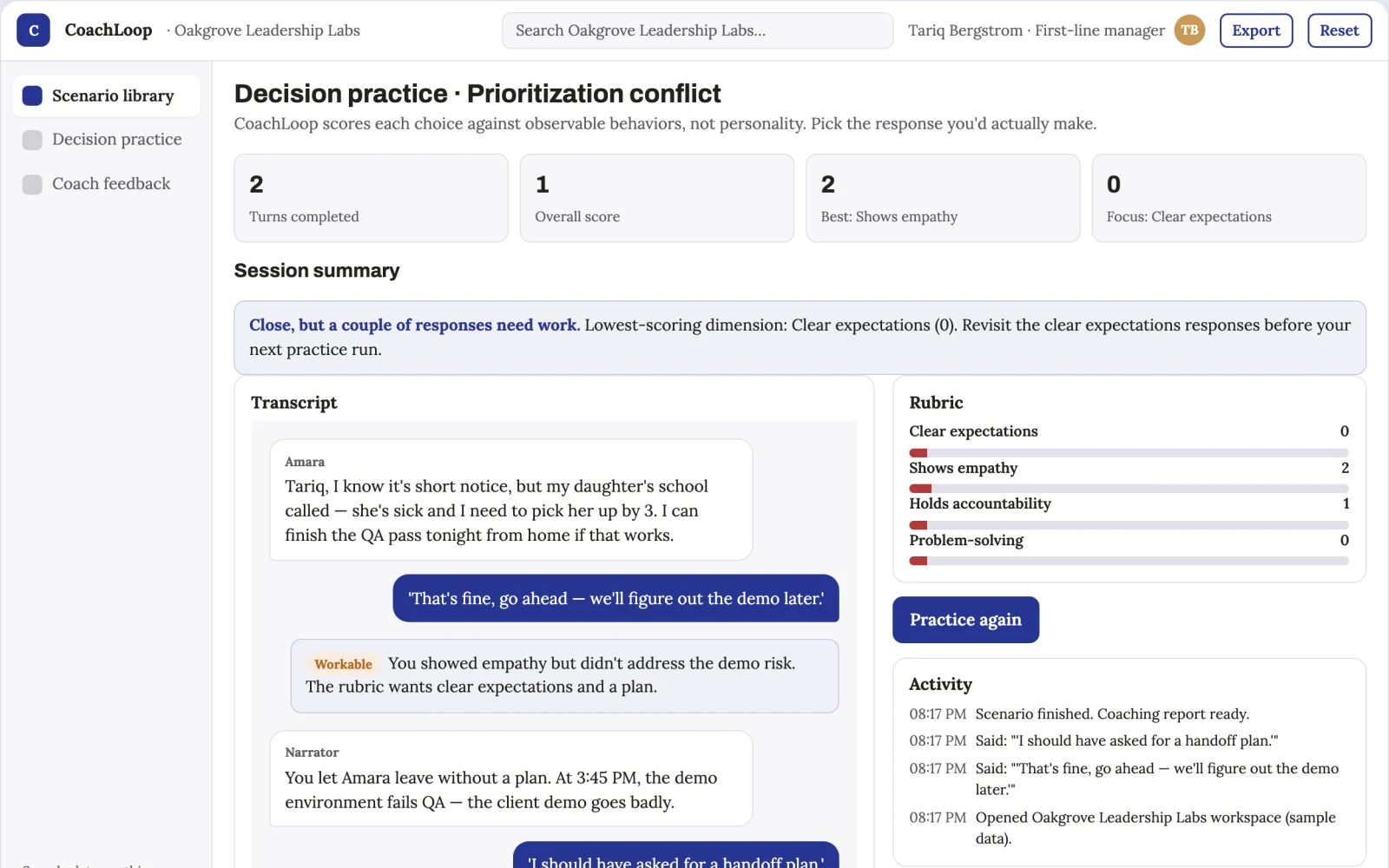 Demo screen of Management training simulator