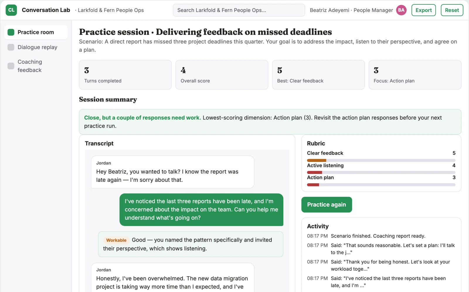 Demo screen of Manager conversation simulator