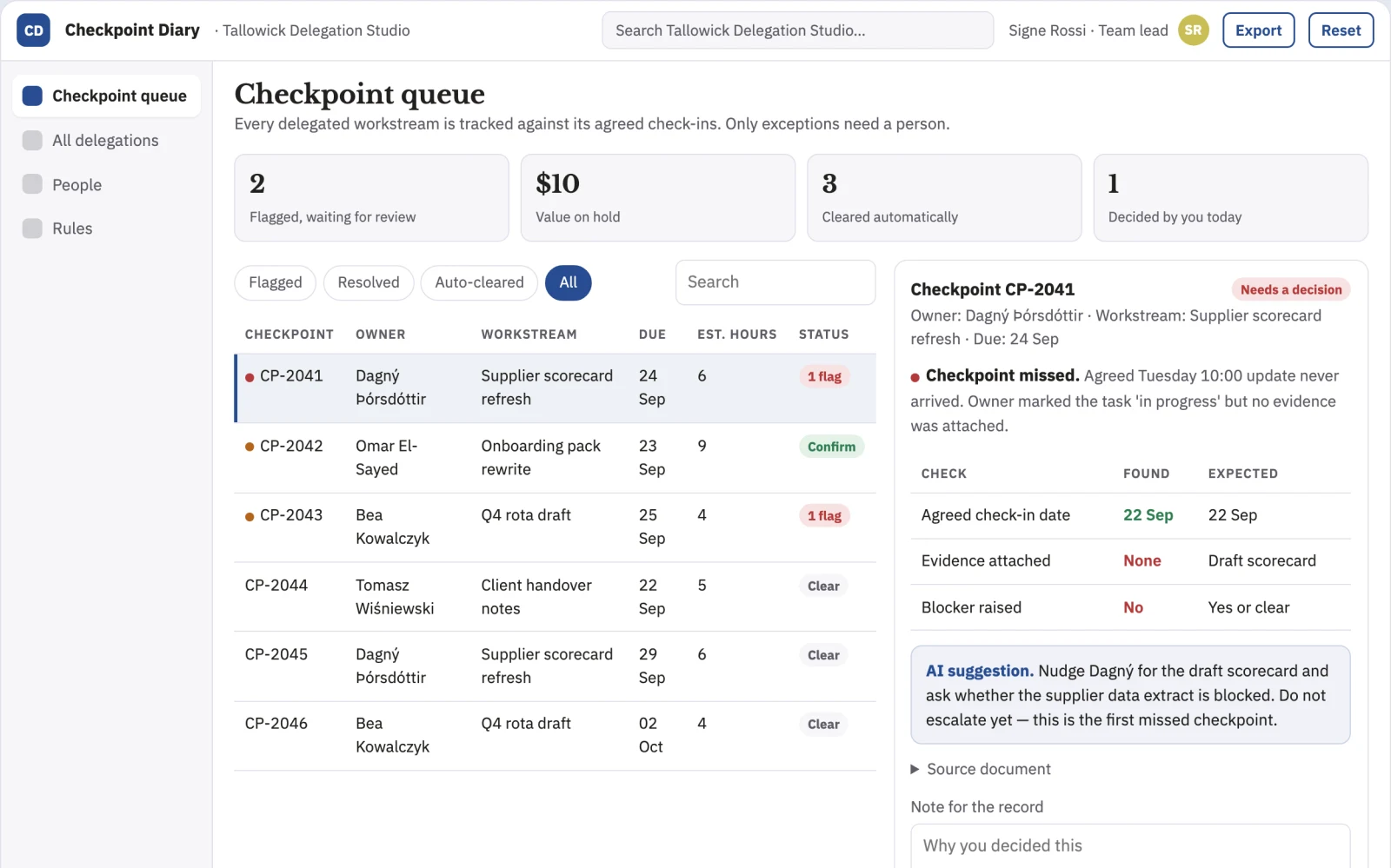 Screenshot of the Manager delegation follow-through diary interactive demo