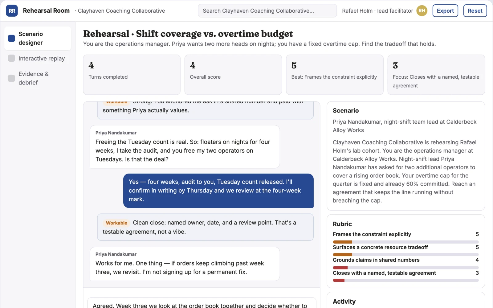 Screenshot of the Manager negotiation rehearsal marketplace interactive demo