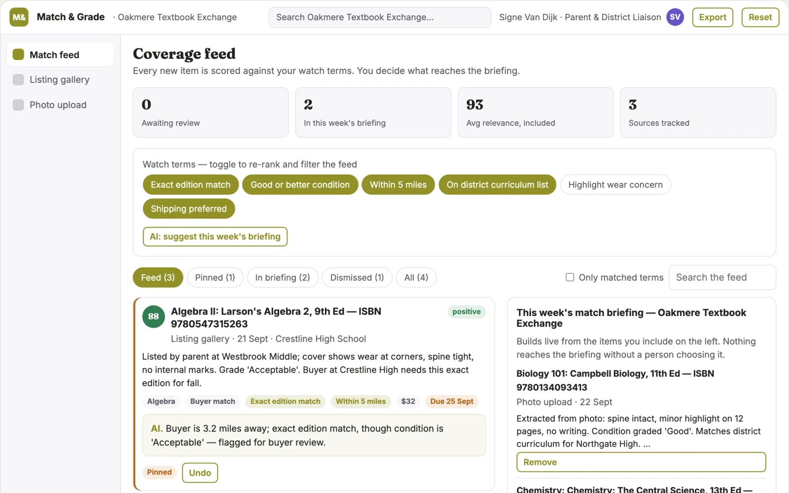 Demo screen of Textbook Match and Grade