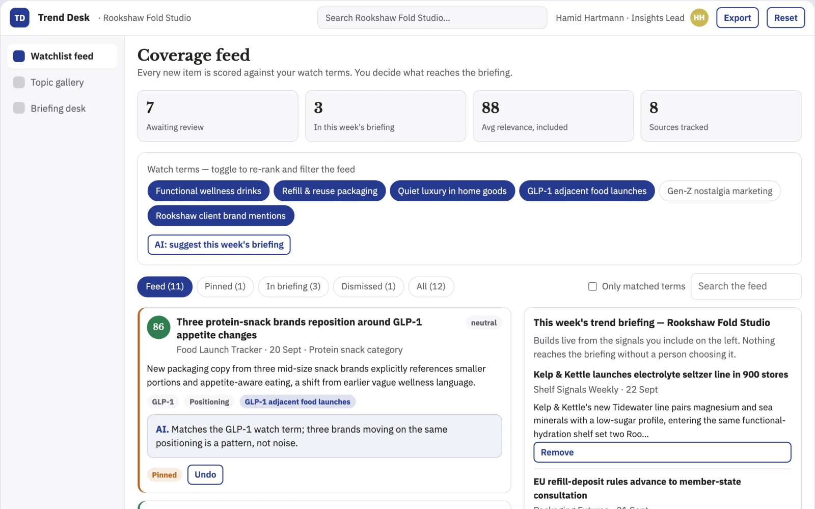 Screenshot of the Market trend watchlist and briefing desk interactive demo