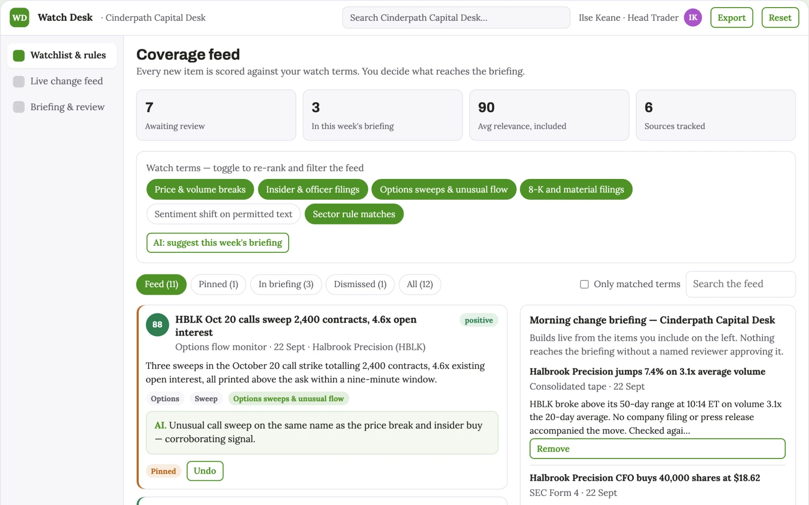 Screenshot of the Market watchlist change-detection briefing desk interactive demo