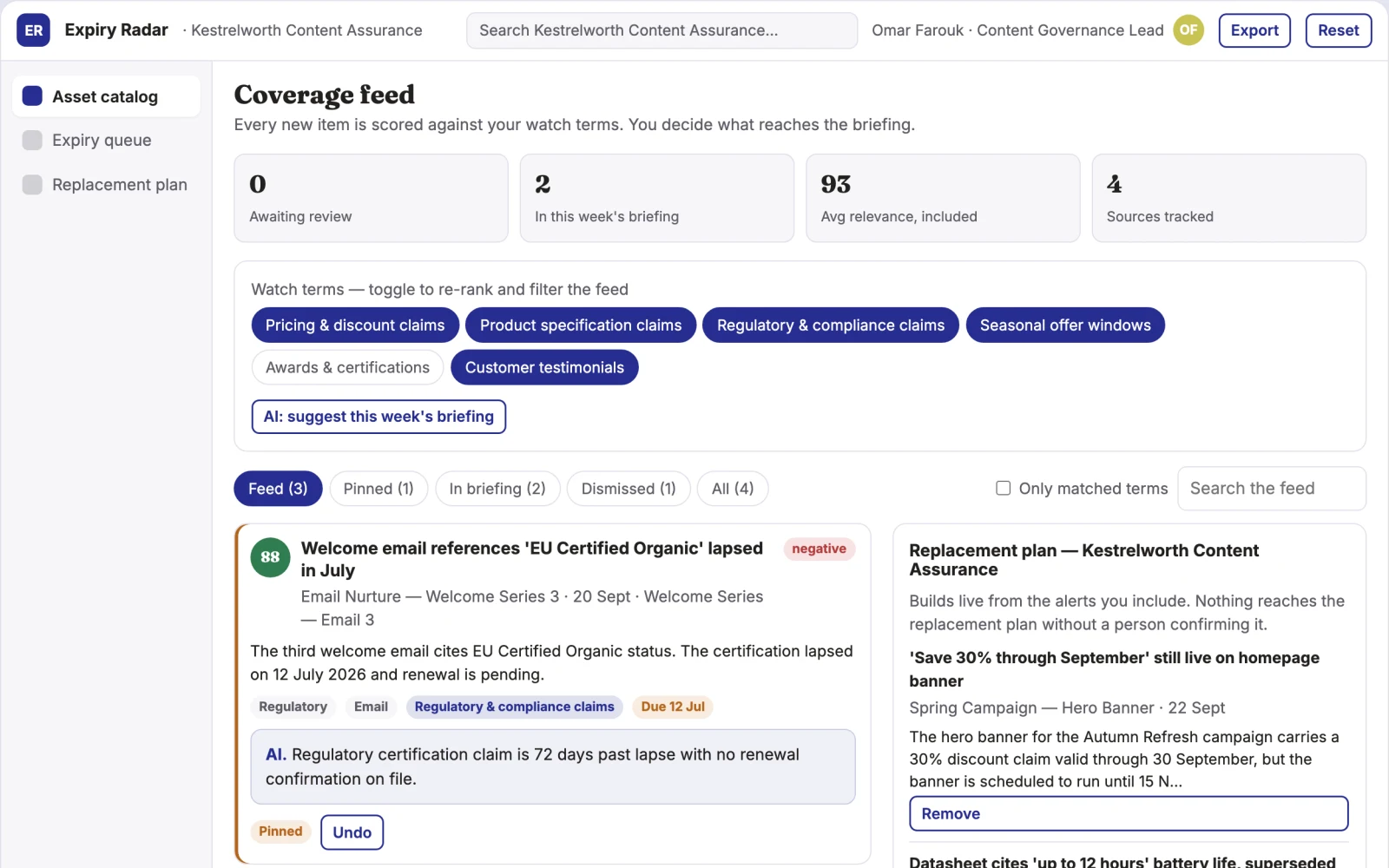 Screenshot of the Marketing asset expiry radar interactive demo