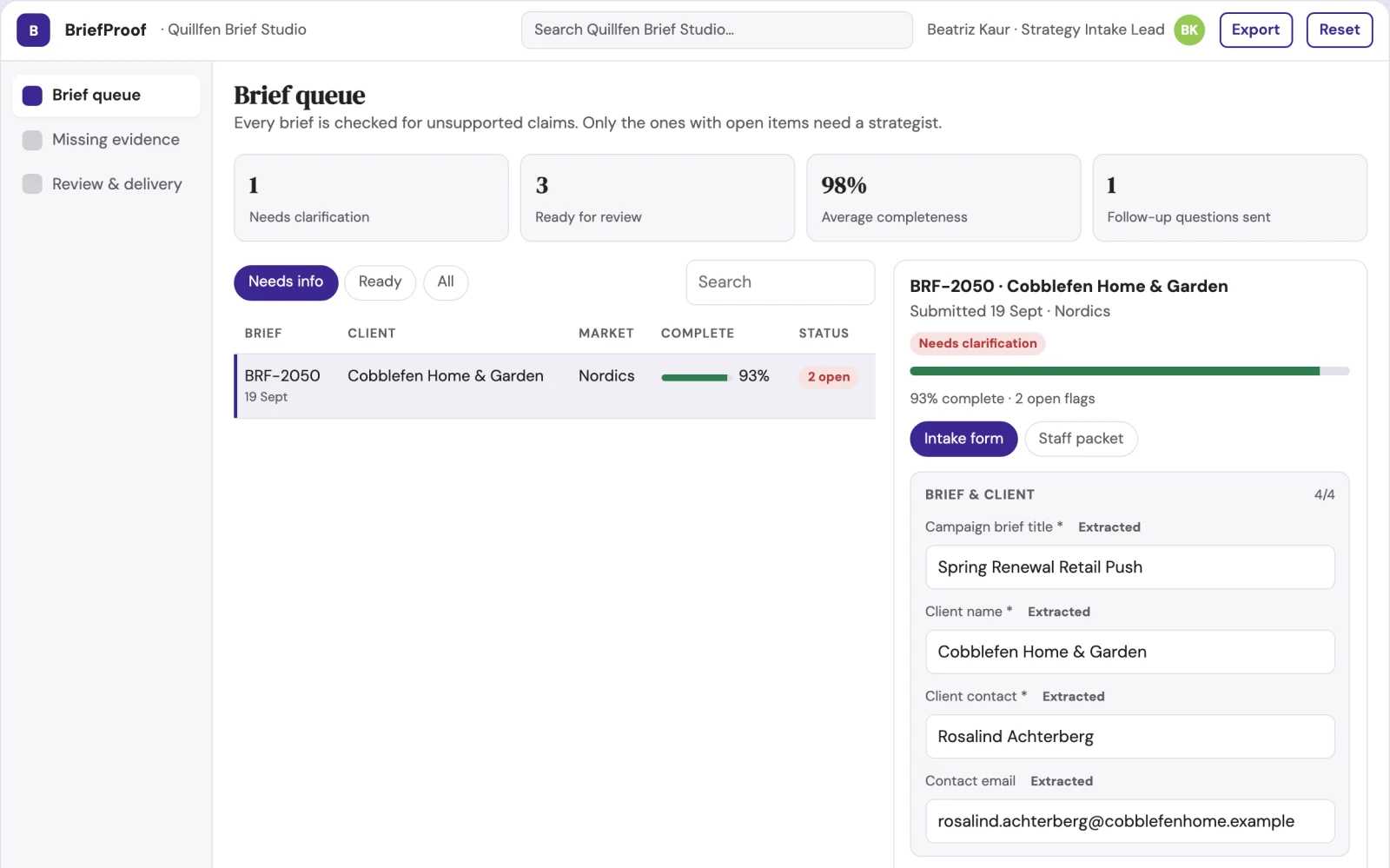Screenshot of the Marketing brief evidence intake interactive demo