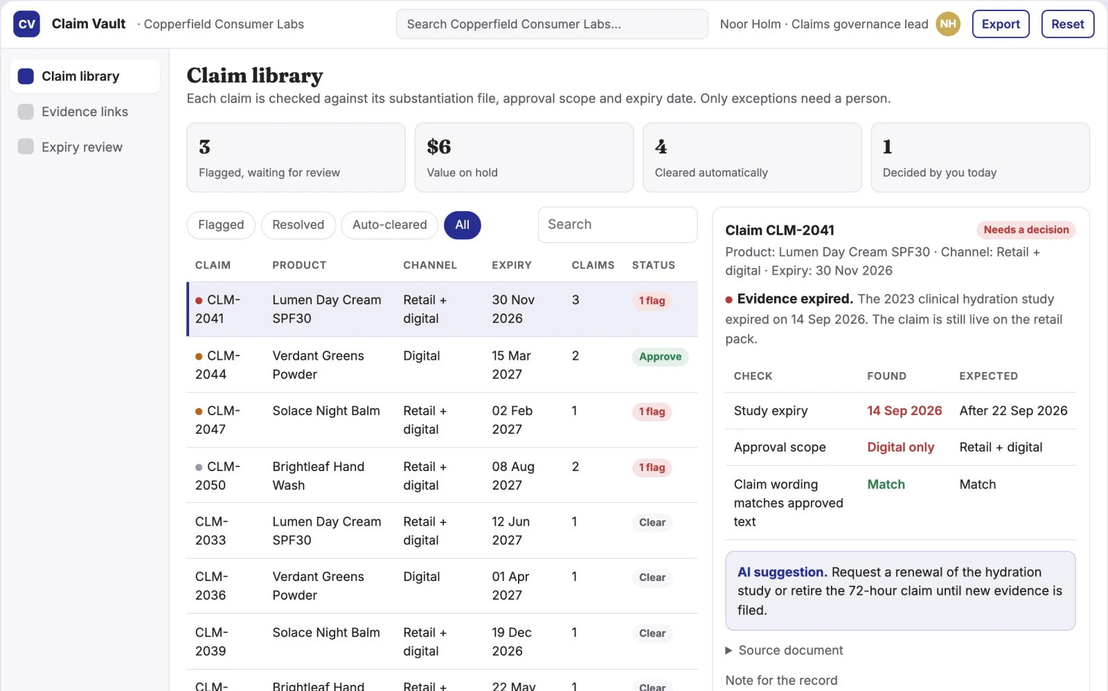 Screenshot of the Marketing claim evidence vault interactive demo