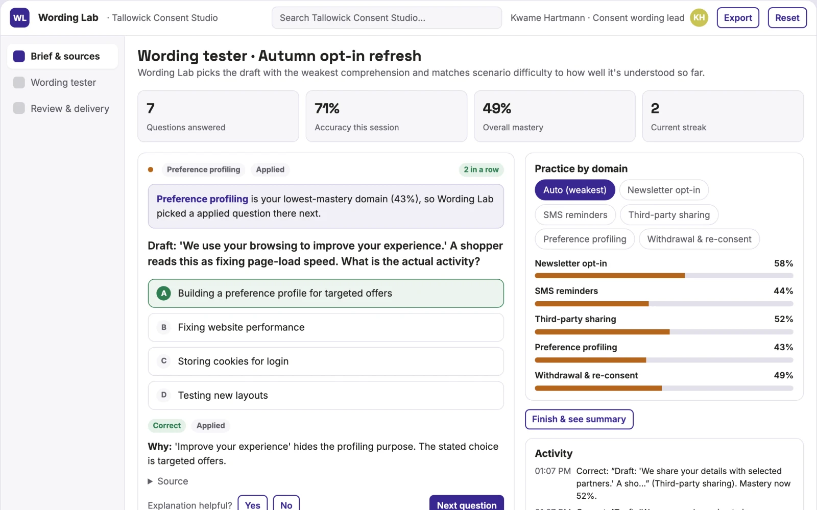 Screenshot of the Marketing consent wording tester interactive demo