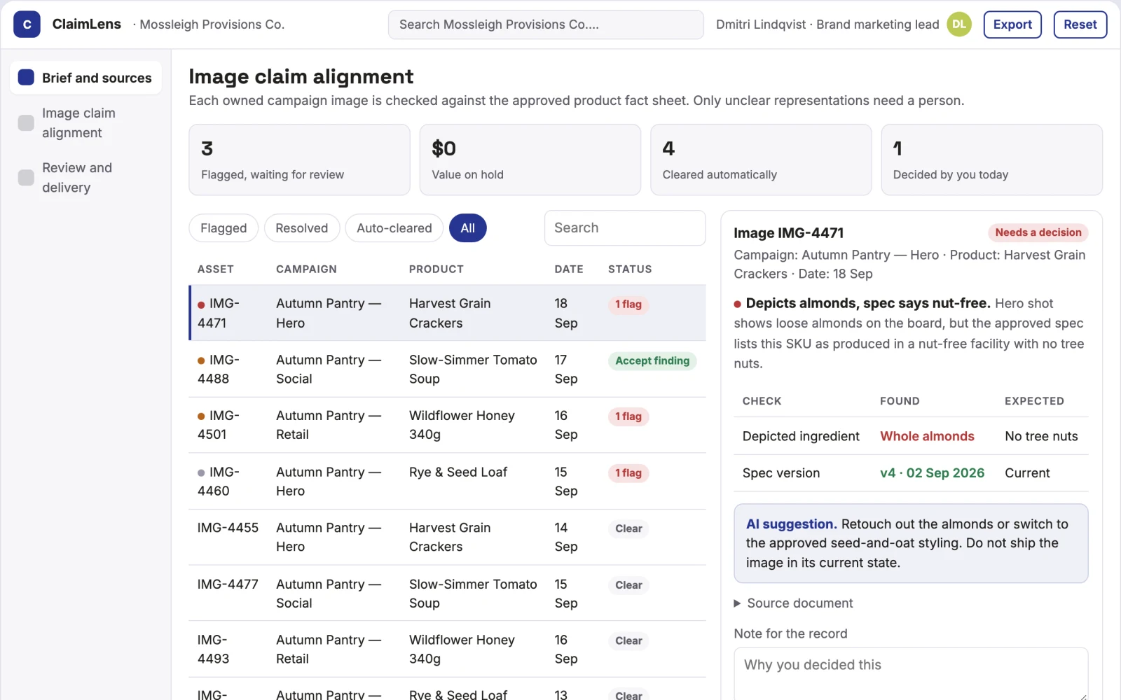 Screenshot of the Marketing image claim alignment interactive demo