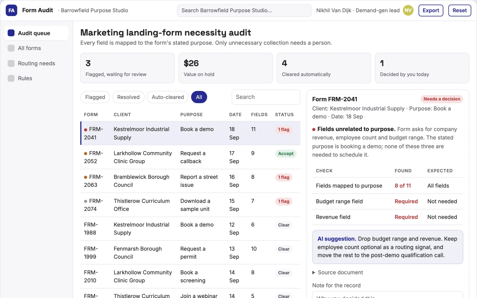 Screenshot of the Marketing landing-form necessity audit interactive demo