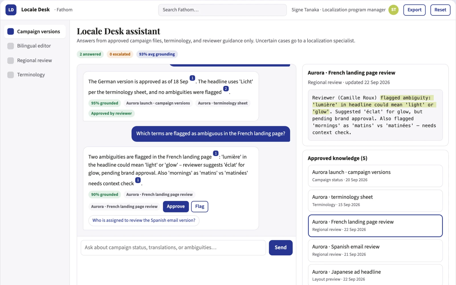 Demo screen of Marketing localization agency