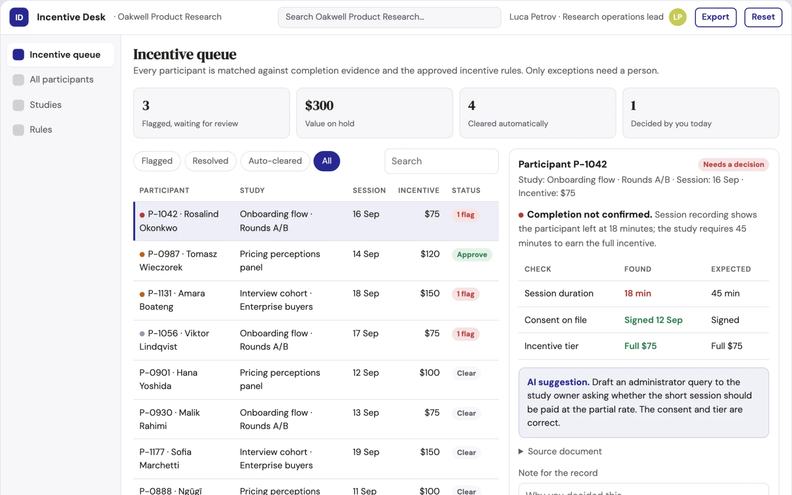 Screenshot of the Marketing research incentive organizer interactive demo