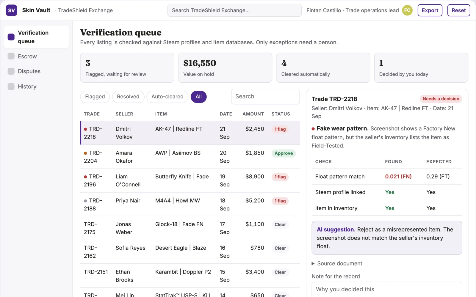 Demo screen of AI Verified Game Item Exchange