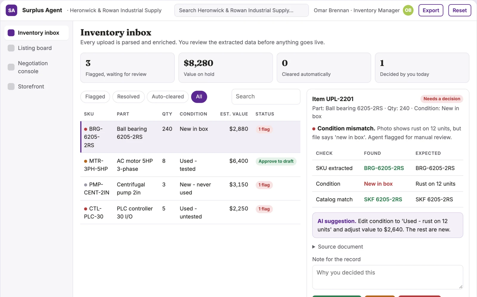 Demo screen of Surplus Stock Agent