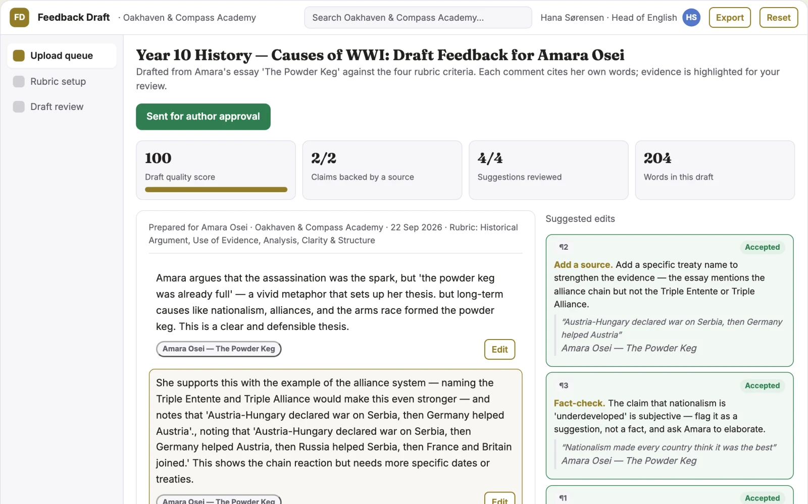 Demo screen of Rubric Feedback Drafting