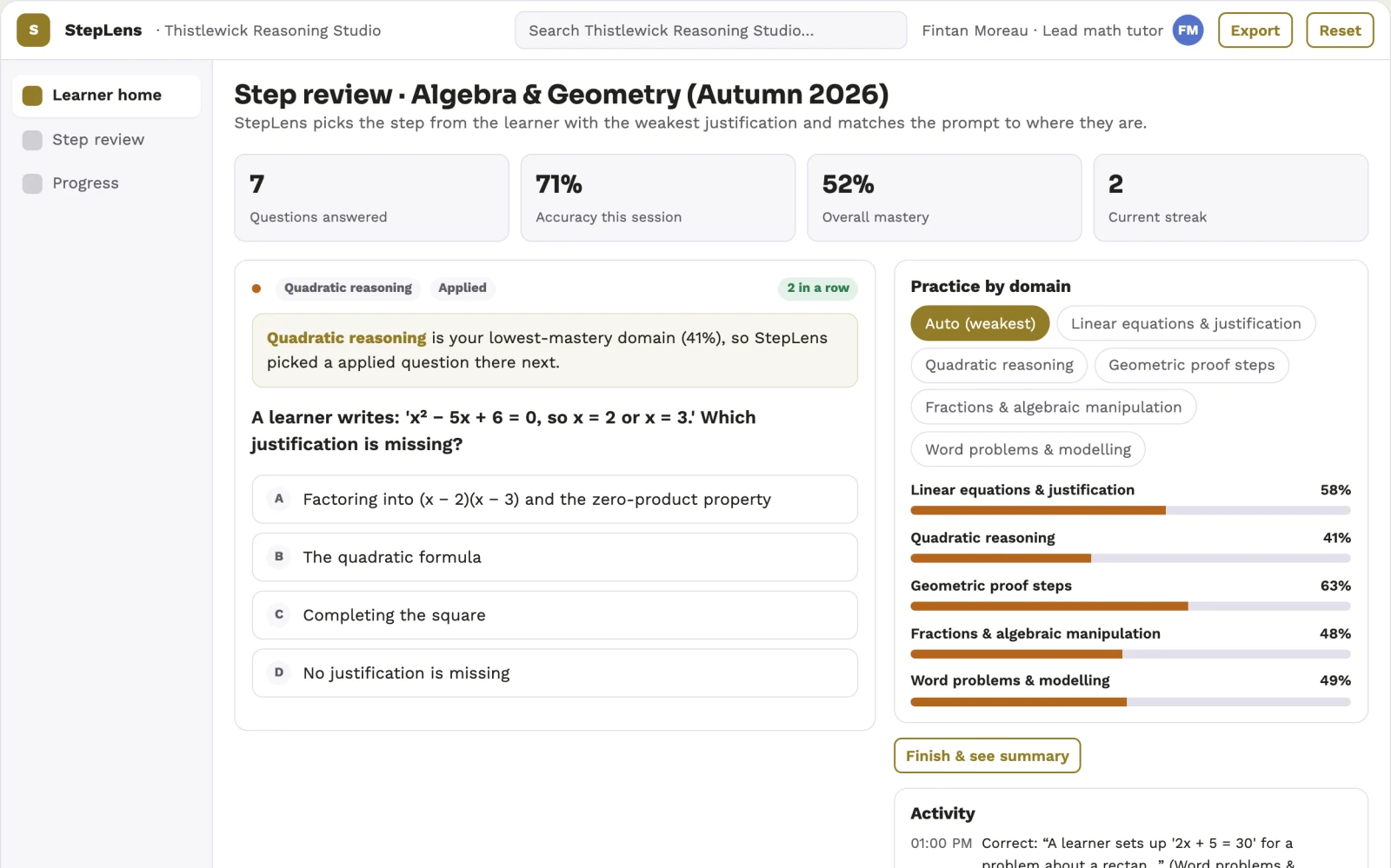Screenshot of the Mathematical solution-step reviewer interactive demo
