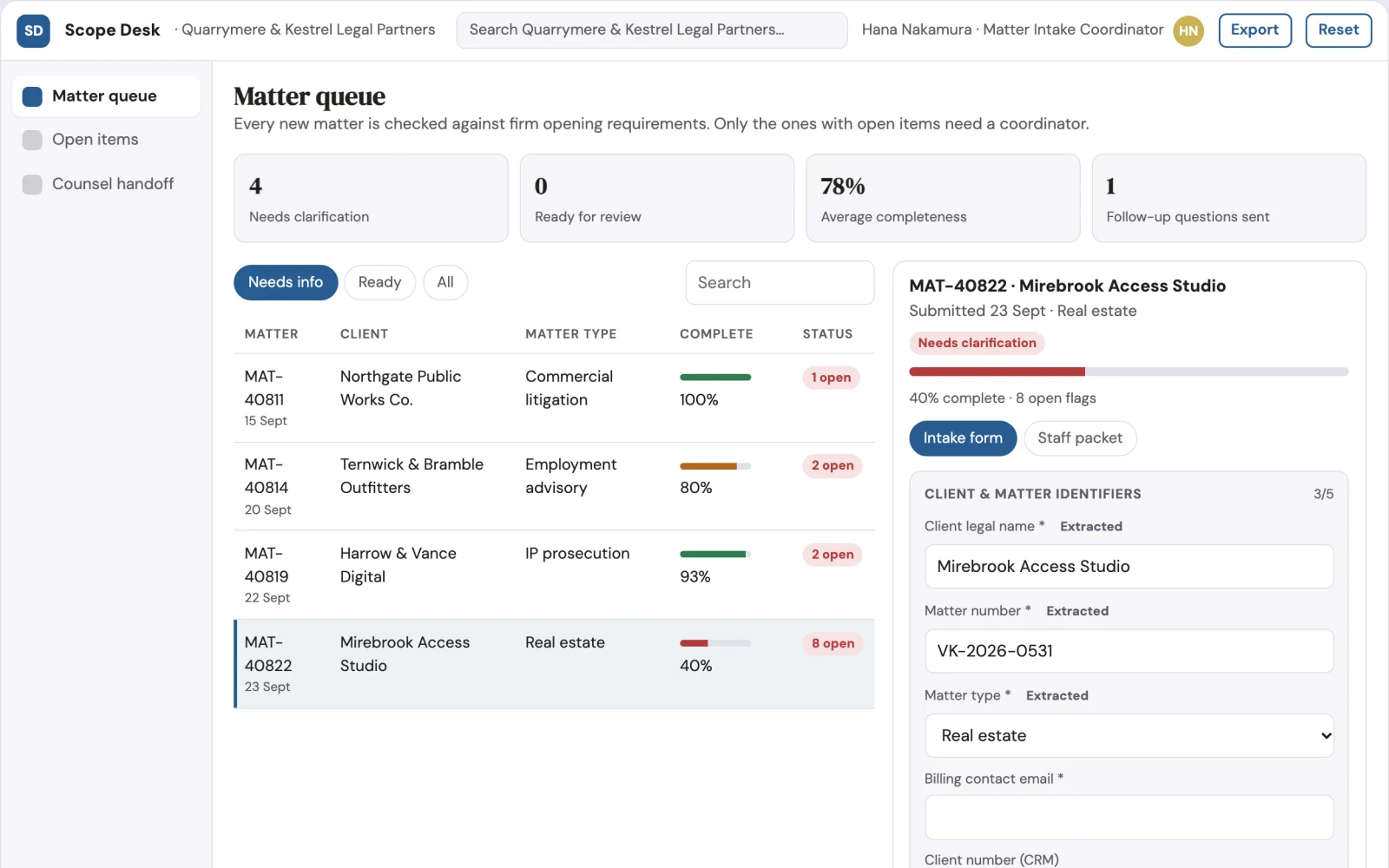 Screenshot of the Matter opening scope checklist interactive demo