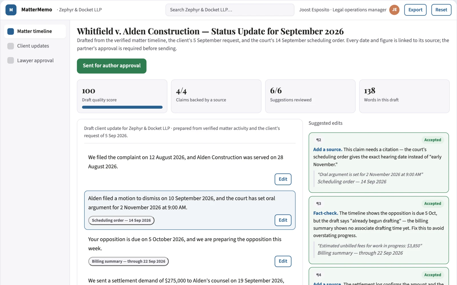 Demo screen of Matter status reporting