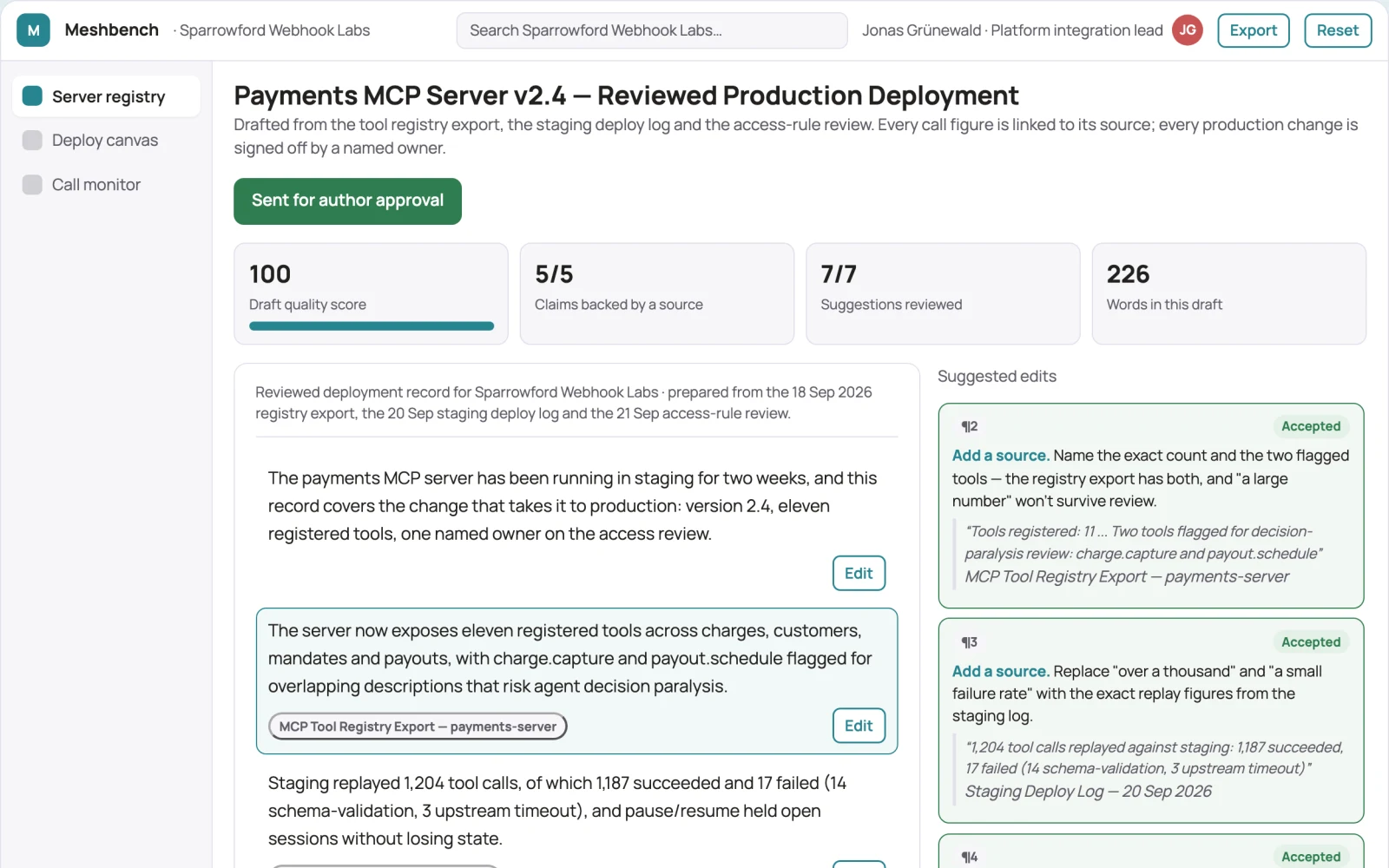 Screenshot of the MCP server delivery and operations workbench interactive demo