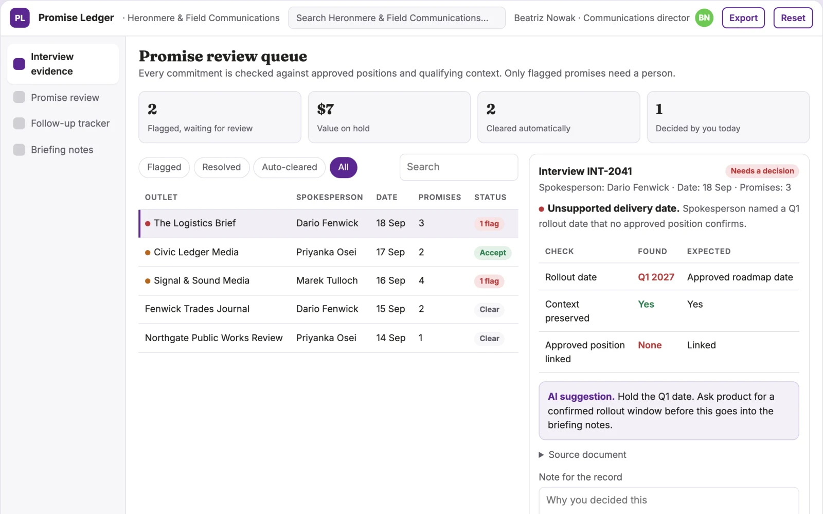 Screenshot of the Media interview commitment ledger interactive demo