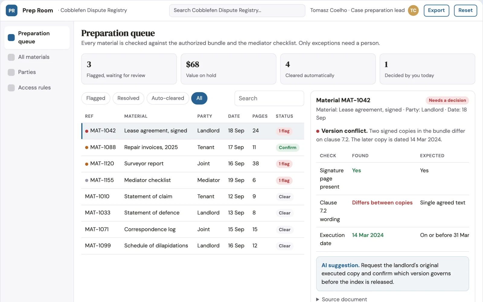 Screenshot of the Mediation preparation document room interactive demo