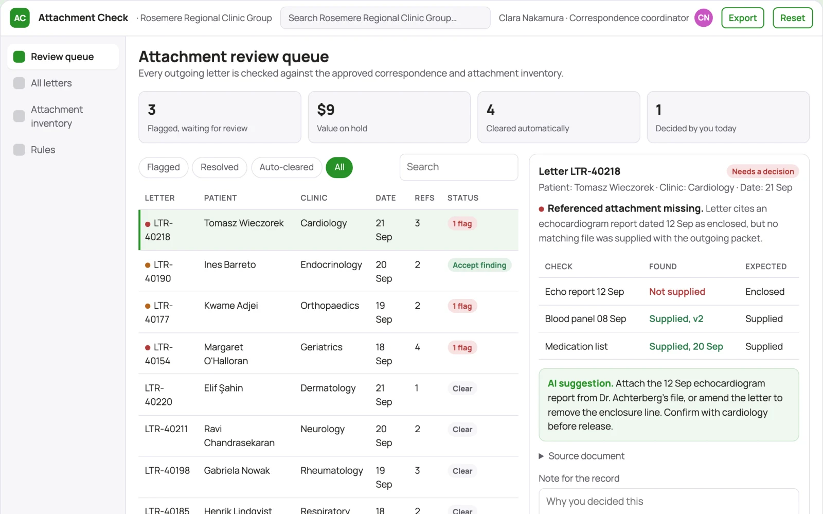 Screenshot of the Medical correspondence attachment checker interactive demo