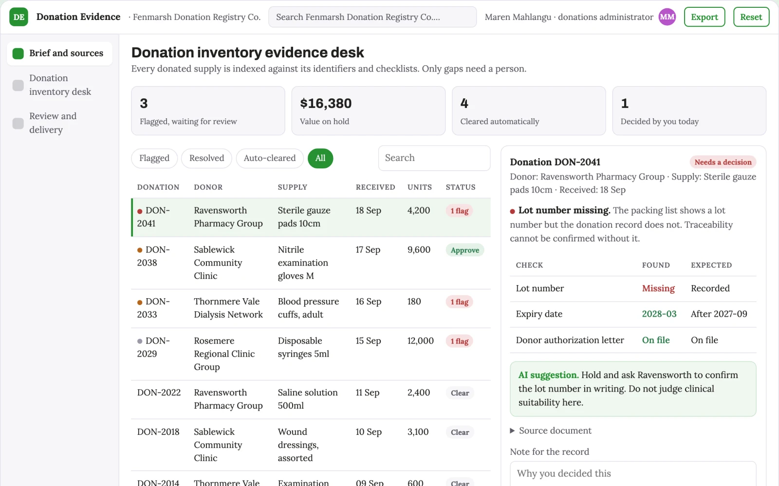 Screenshot of the Medical donation inventory evidence desk interactive demo