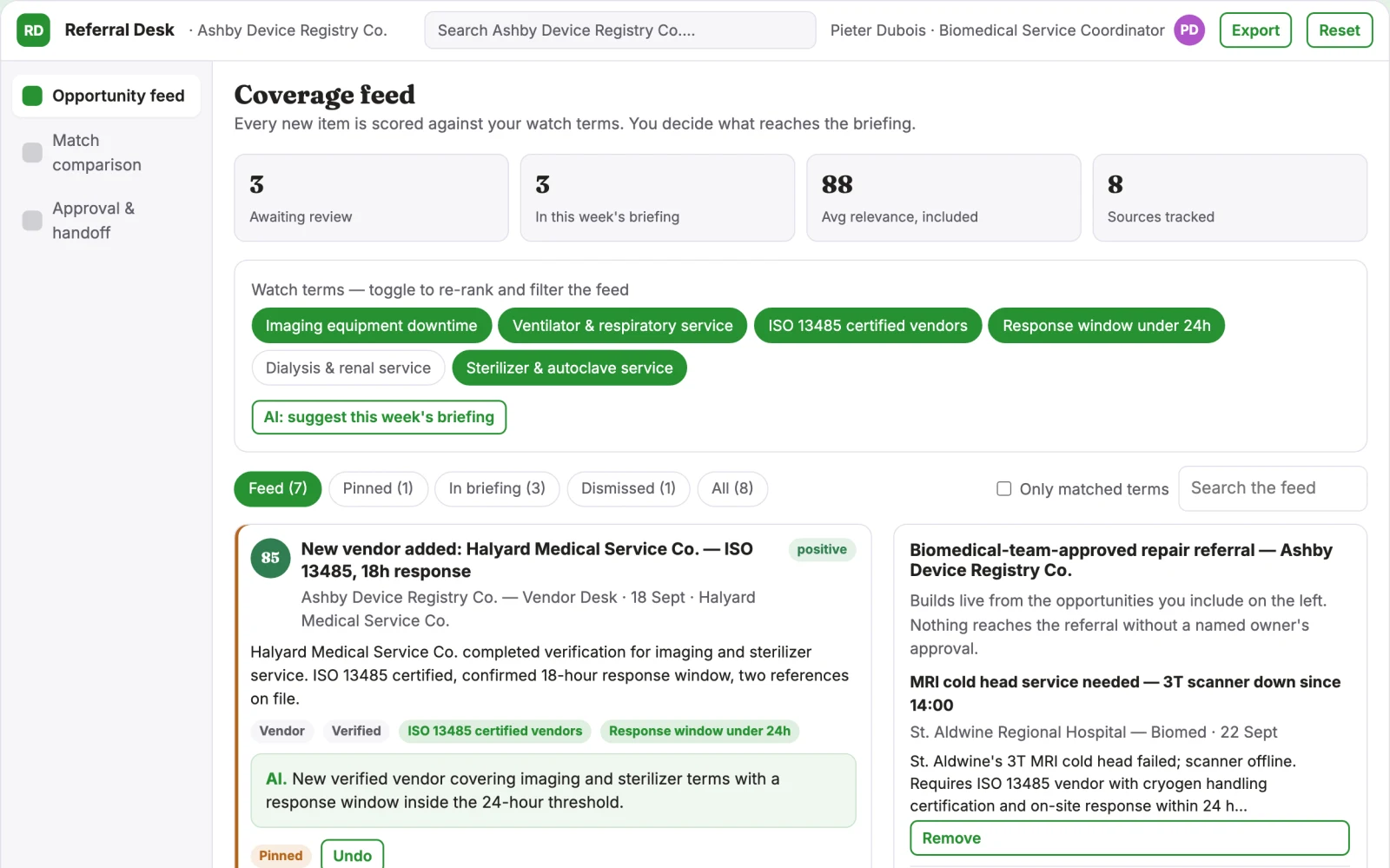 Screenshot of the Medical equipment downtime coordination network interactive demo