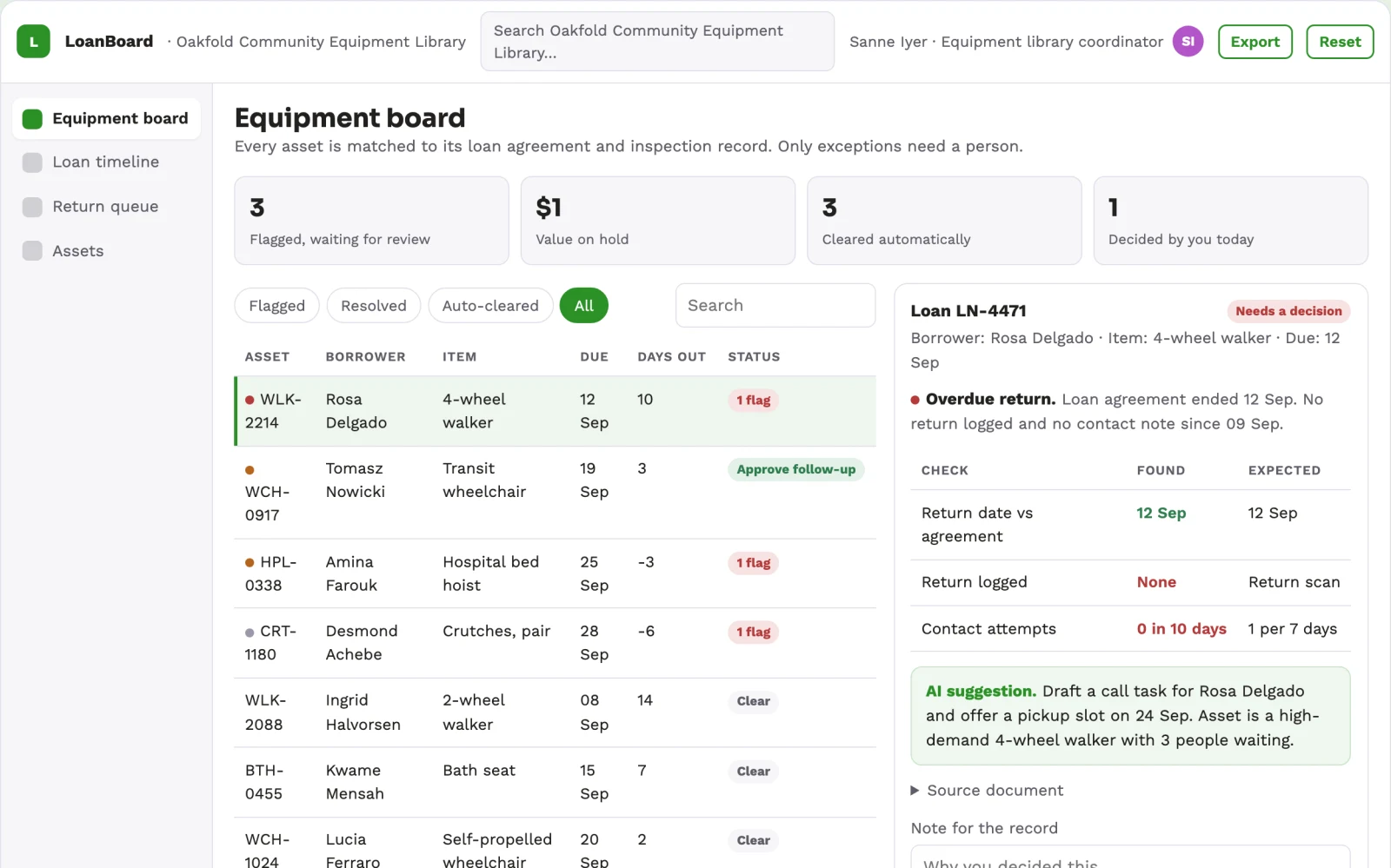 Screenshot of the Medical equipment loan coordinator interactive demo