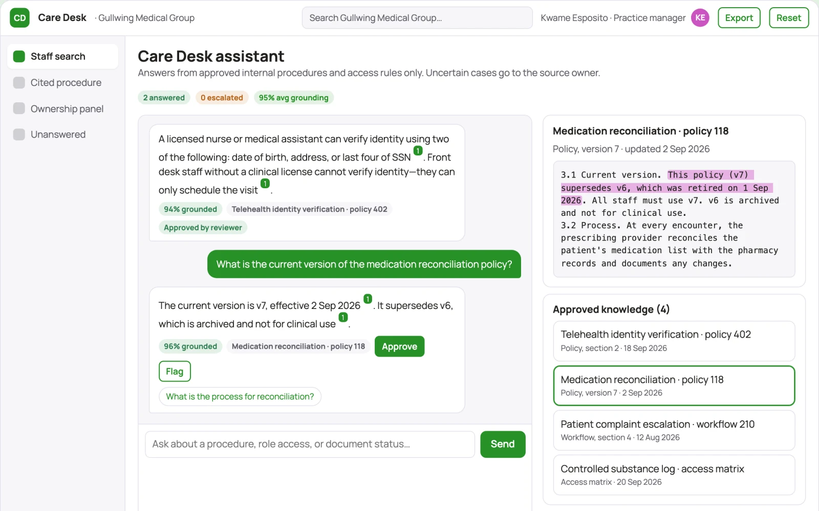 Screenshot of the Medical practice knowledge assistant interactive demo