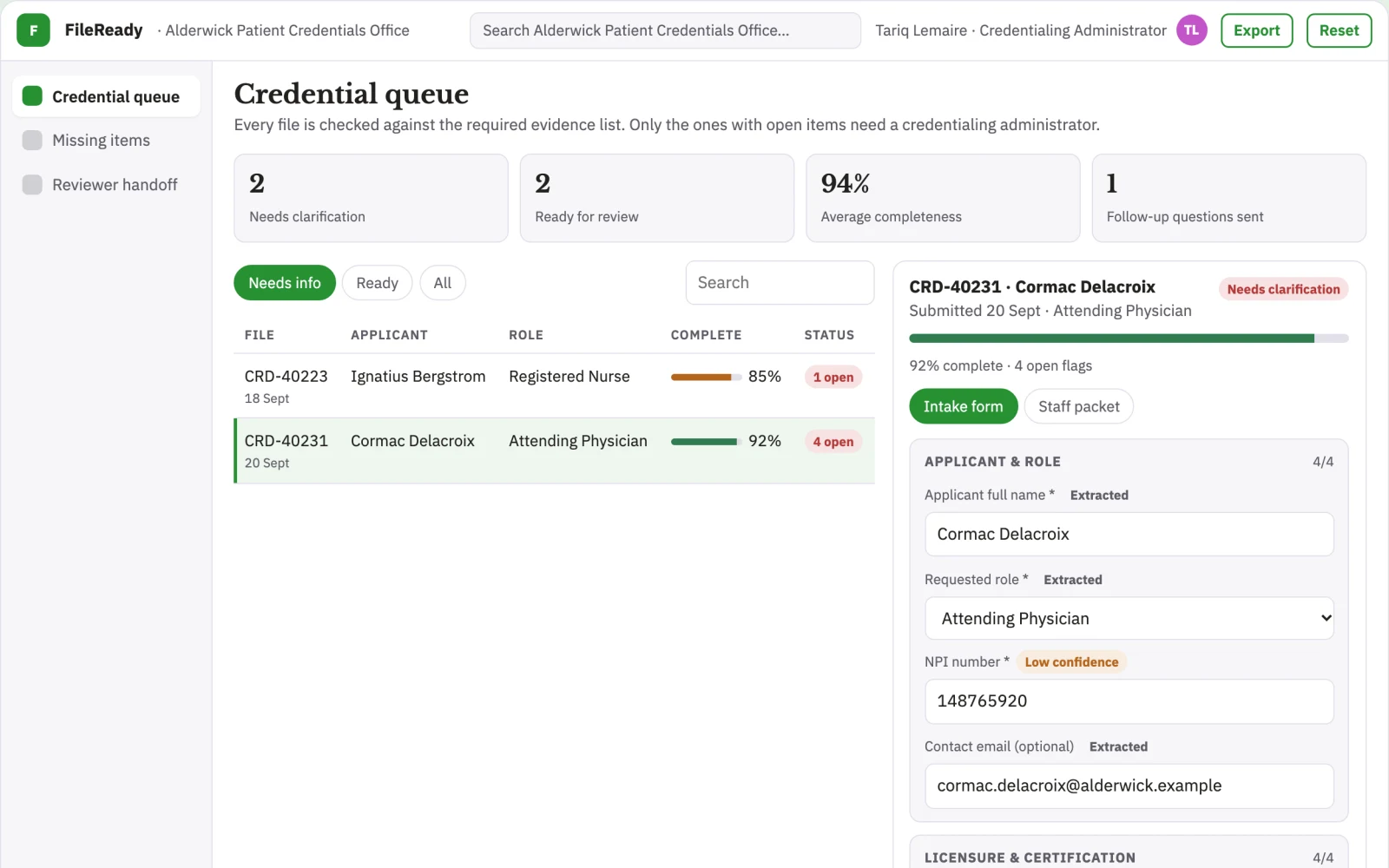 Screenshot of the Medical staff credential file organizer interactive demo
