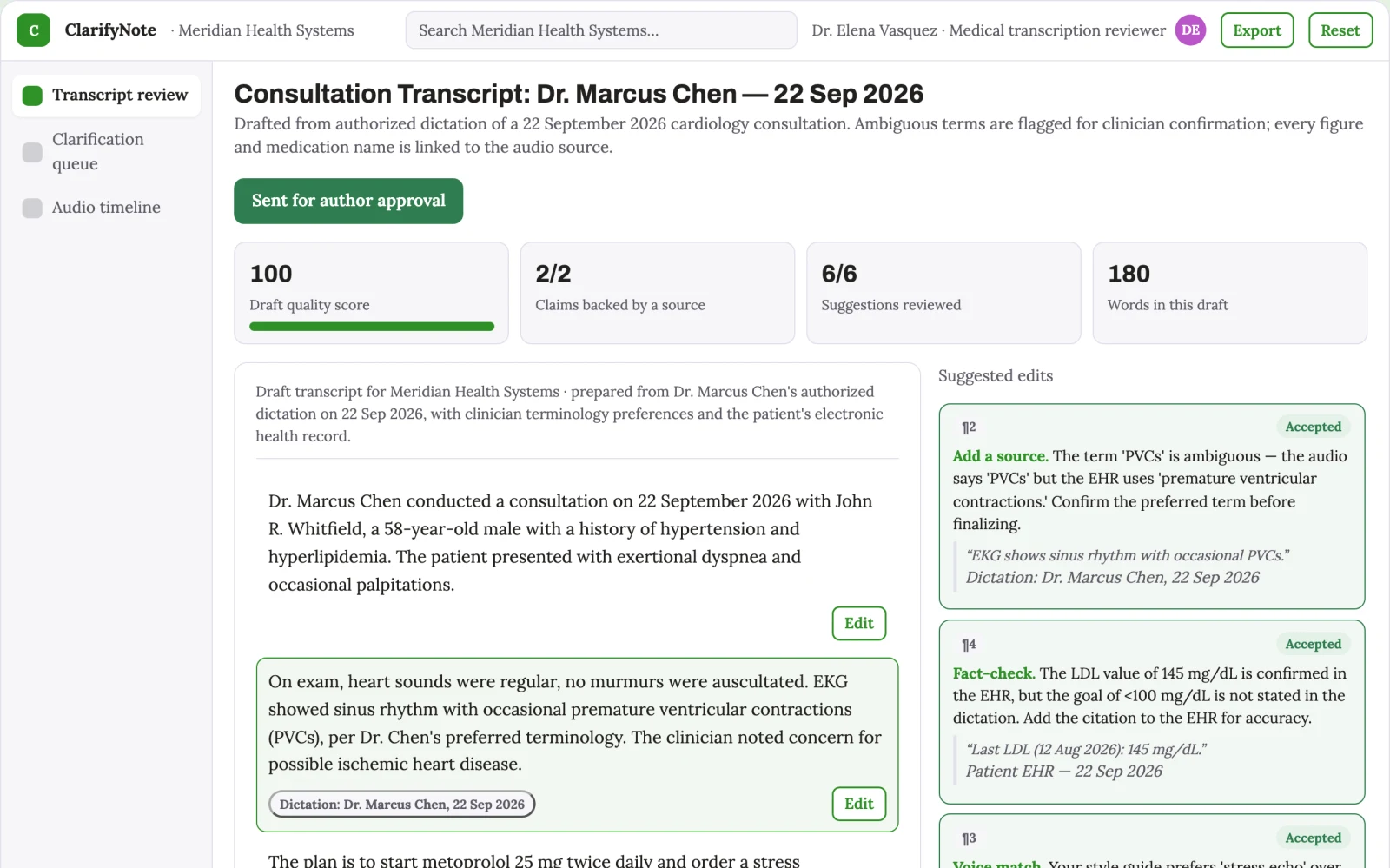 Demo screen of Medical transcription review service
