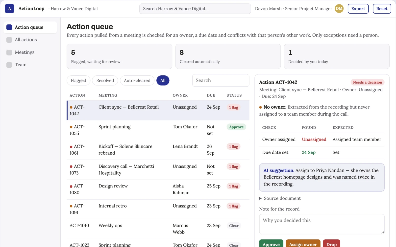 Demo screen of Meeting action coordinator