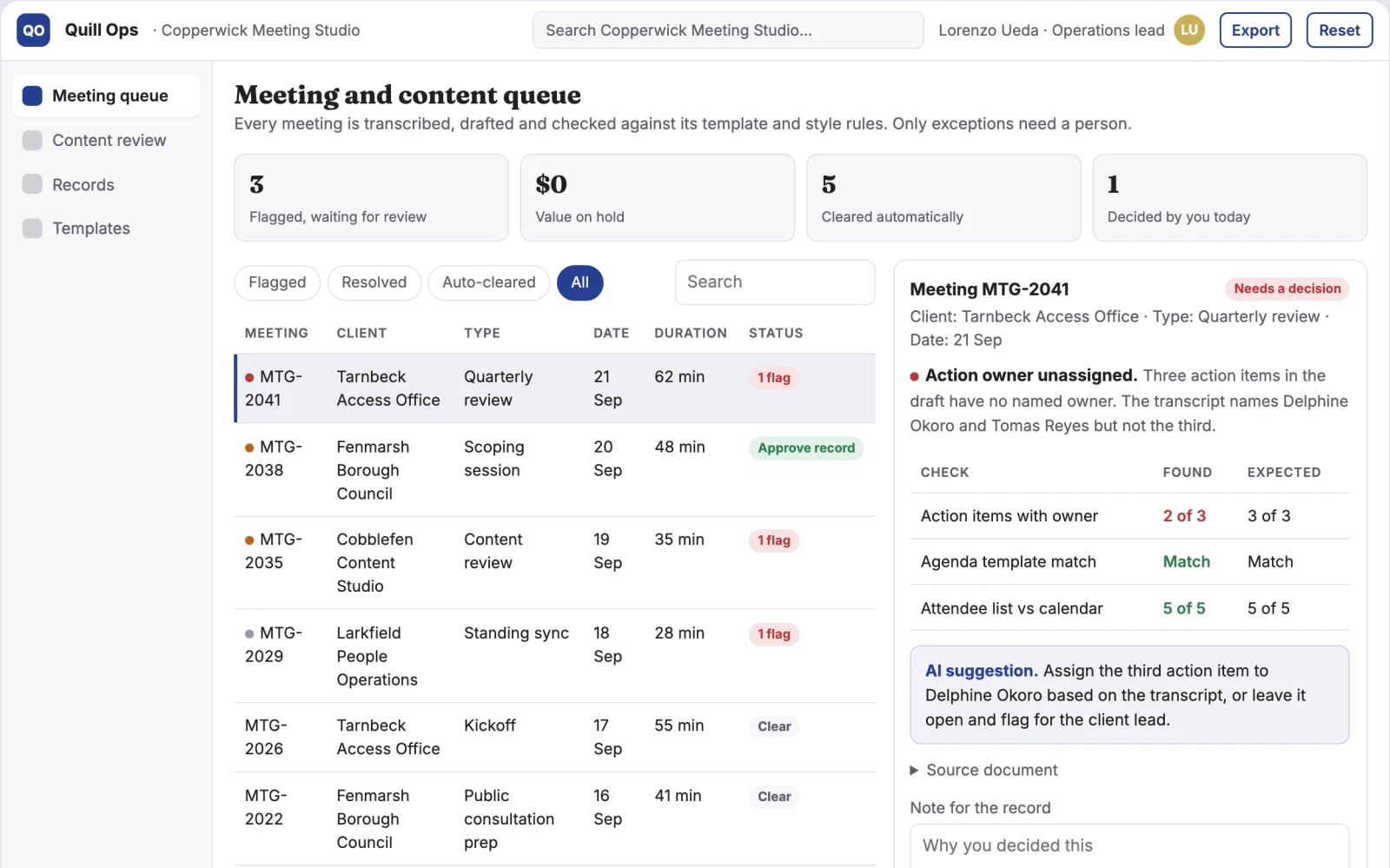 Screenshot of the Meeting and content operations portal interactive demo