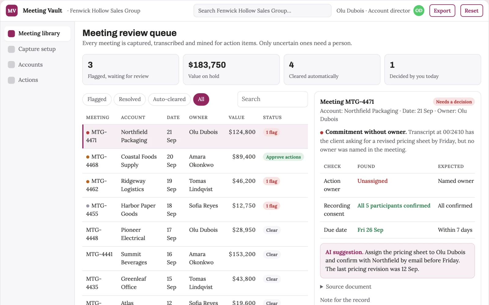Screenshot of the Meeting capture and action library console interactive demo