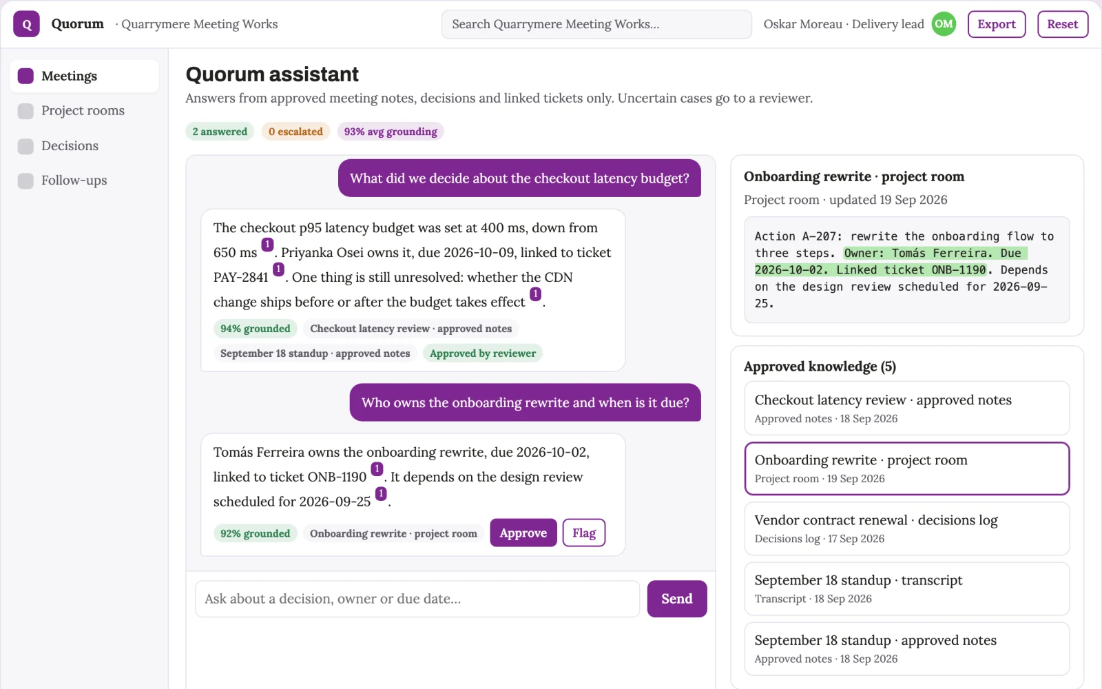 Screenshot of the Meeting conversation capture and follow-up console interactive demo