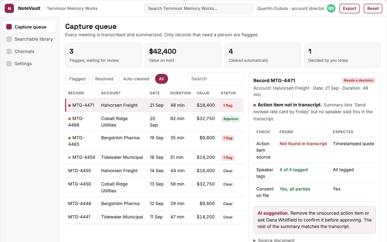 Screenshot of the Meeting notes capture and retrieval workbench interactive demo