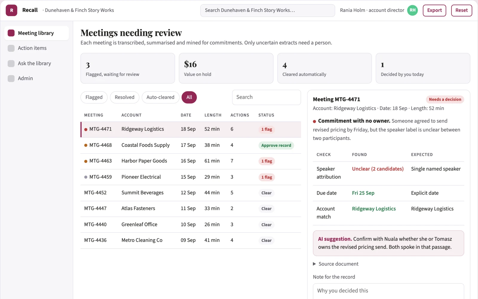 Screenshot of the Meeting record and action library interactive demo