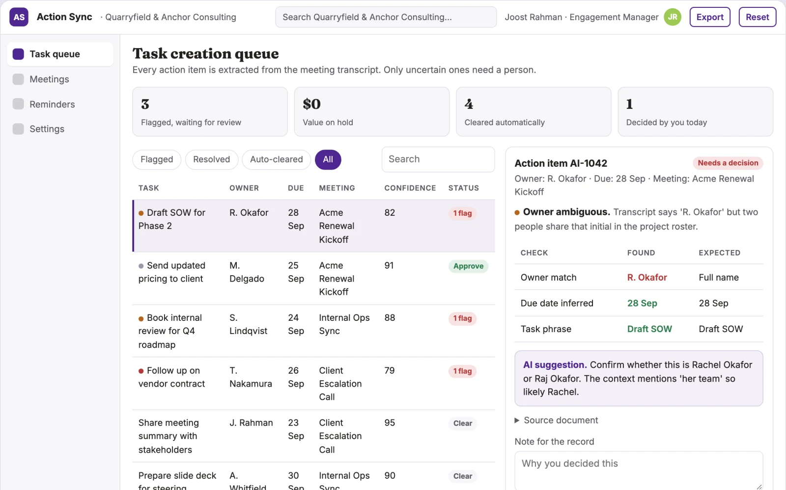 Demo screen of Action Item Automator