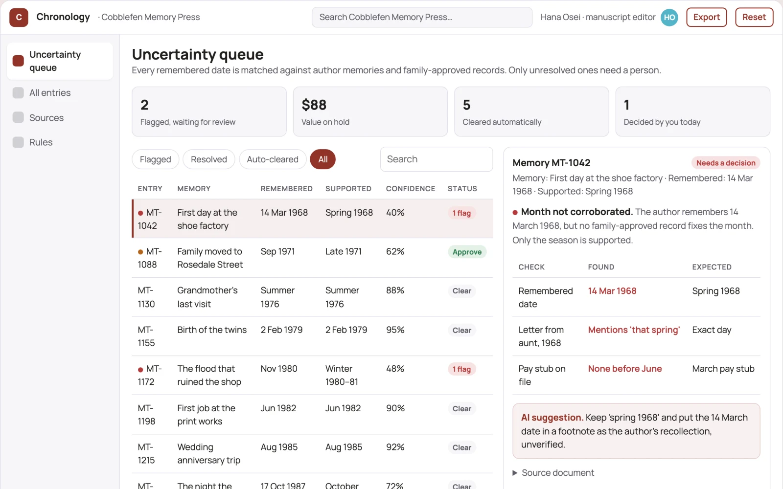 Screenshot of the Memoir timeline uncertainty notebook interactive demo