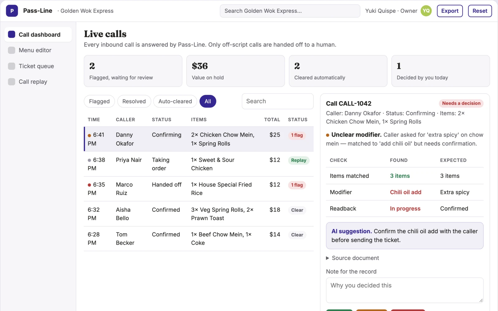 Demo screen of Pass-Line Phone Agent