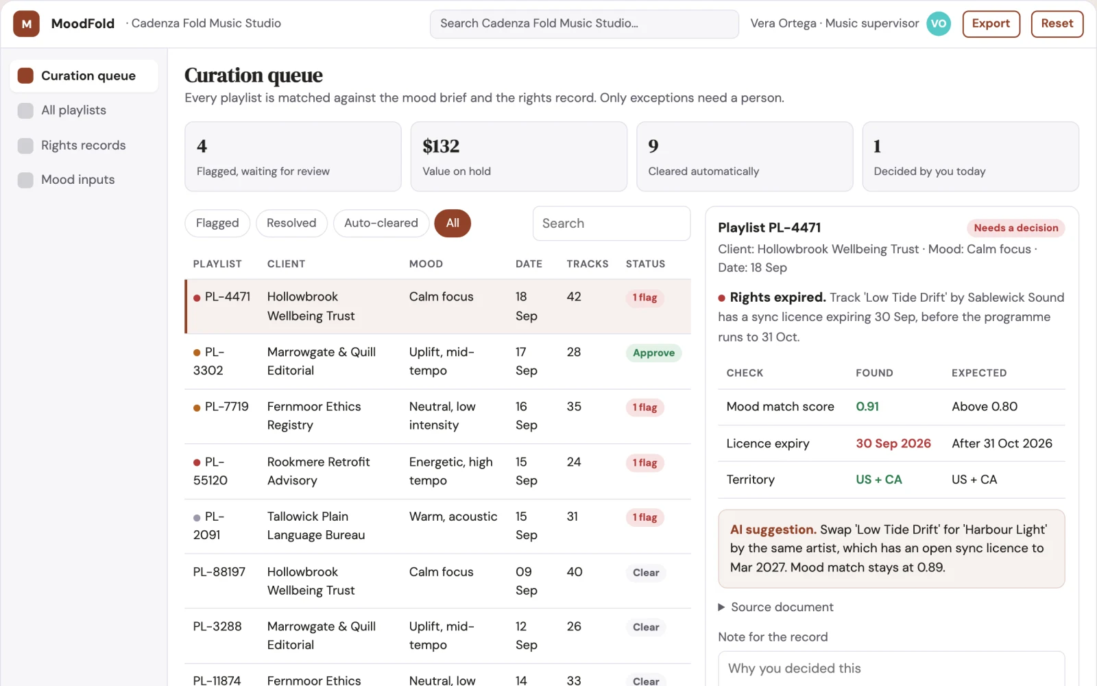 Screenshot of the Mood-matched playlist curation and music library console interactive demo