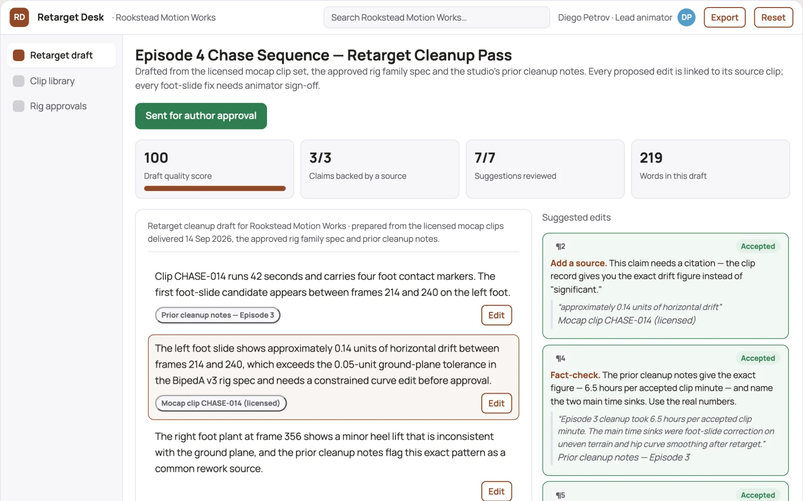 Screenshot of the Motion-capture retarget correction service interactive demo