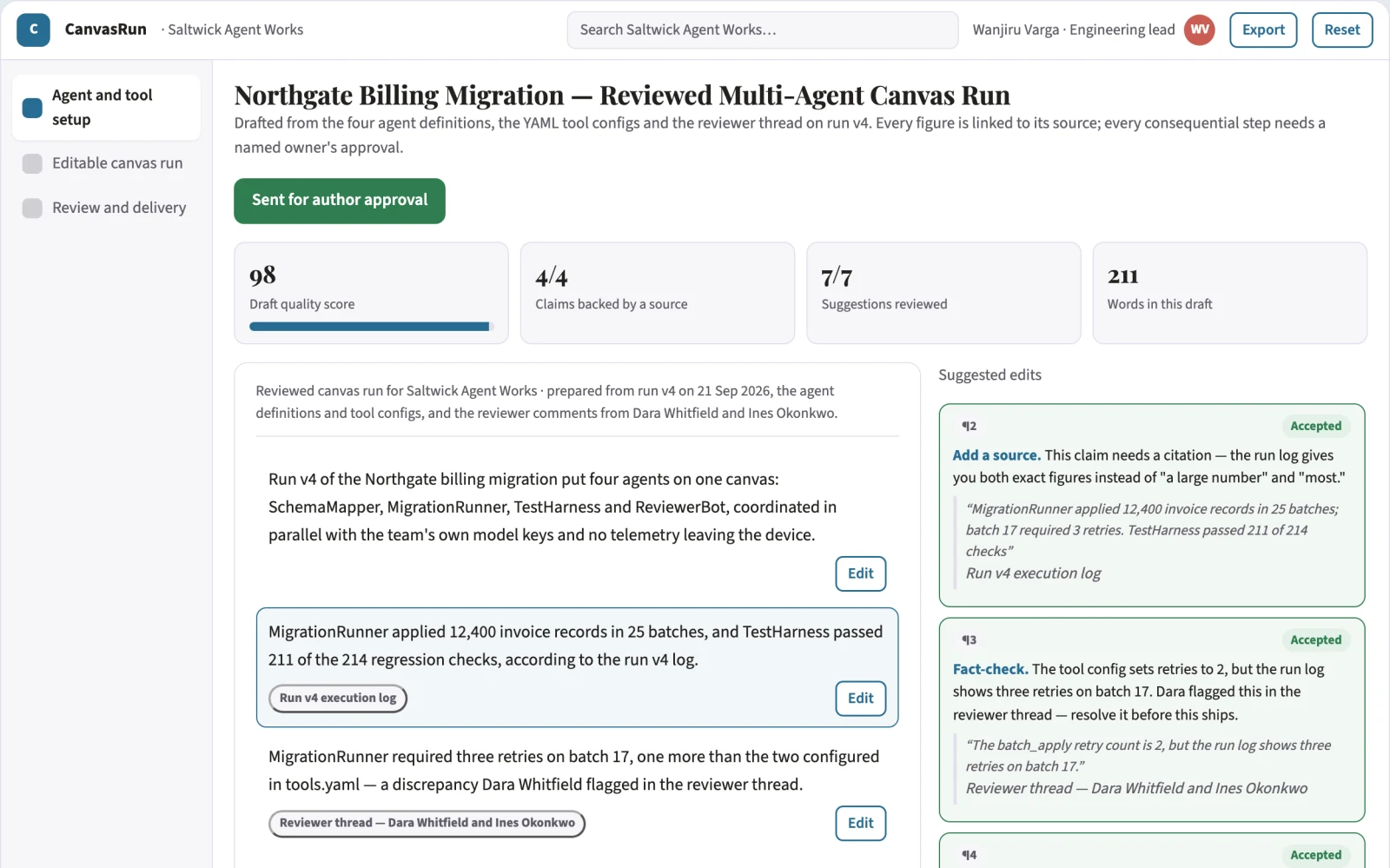 Screenshot of the Multi-agent canvas delivery workspace interactive demo