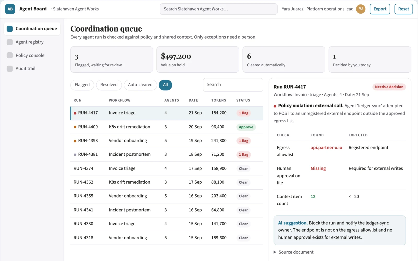 Screenshot of the Multi-agent coordination and governance portal interactive demo