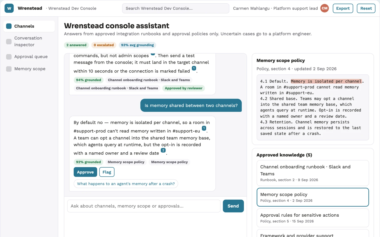 Screenshot of the Multi-channel agent messaging console interactive demo