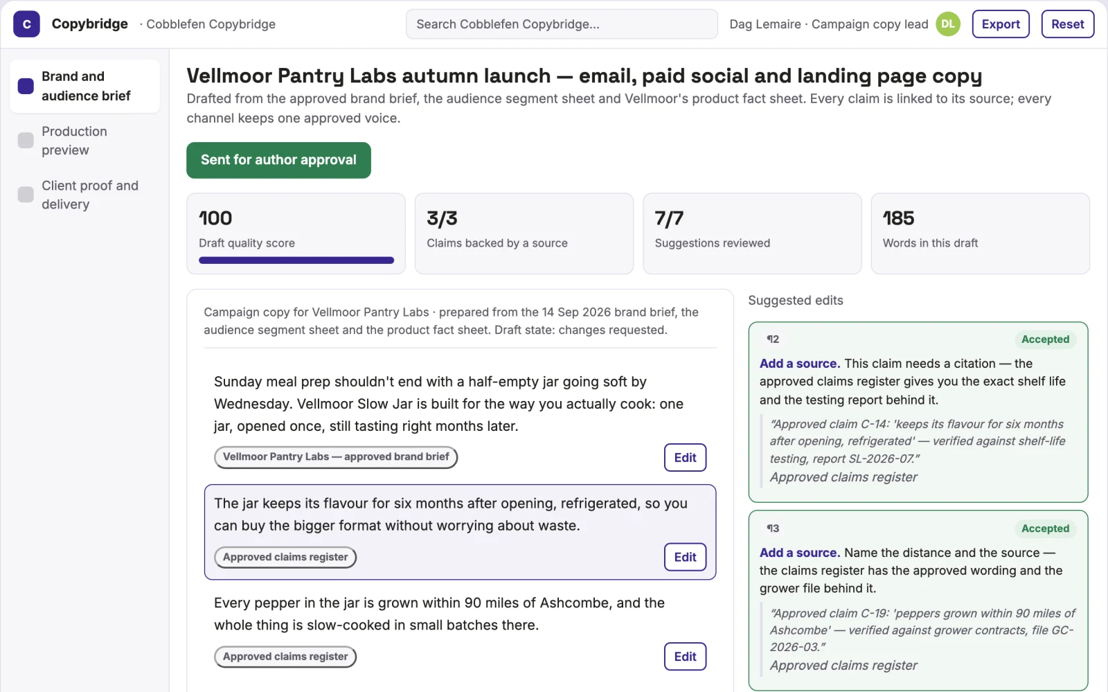 Screenshot of the Multi-channel campaign copy production workspace interactive demo