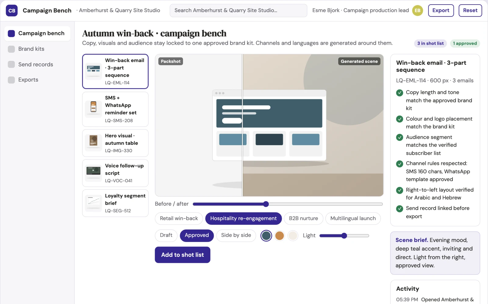 Screenshot of the Multi-channel campaign production workbench interactive demo
