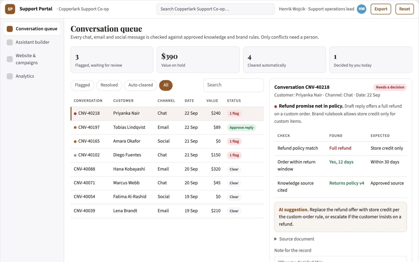 Screenshot of the Multi-channel support assistant operations portal interactive demo